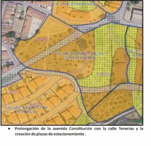 Mapa de avenida de la Constitución con la calle Tenerías y la creación de plazas de estacionamiento