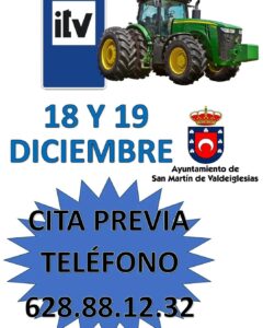 ITV tractores. Días 18 y 19 de diciembre. Teléfono de cita previa 628881232