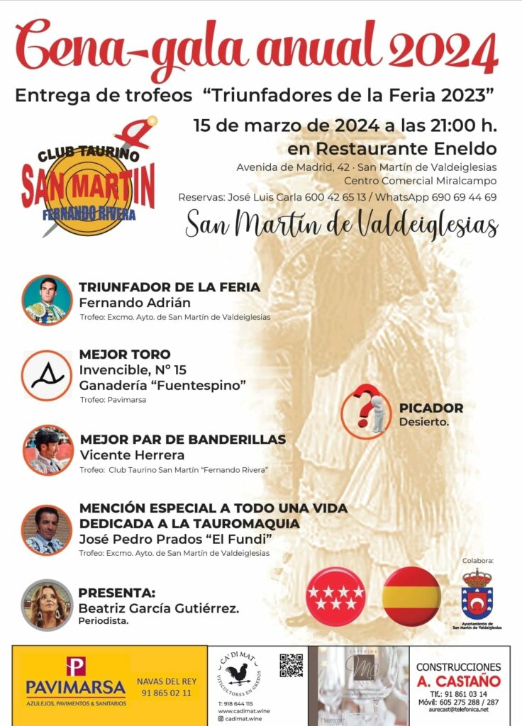 Cartel de la cena gala anual del Club Taurino, y entrega de trofeos a los triunfadores de la feria taurina 2023. 